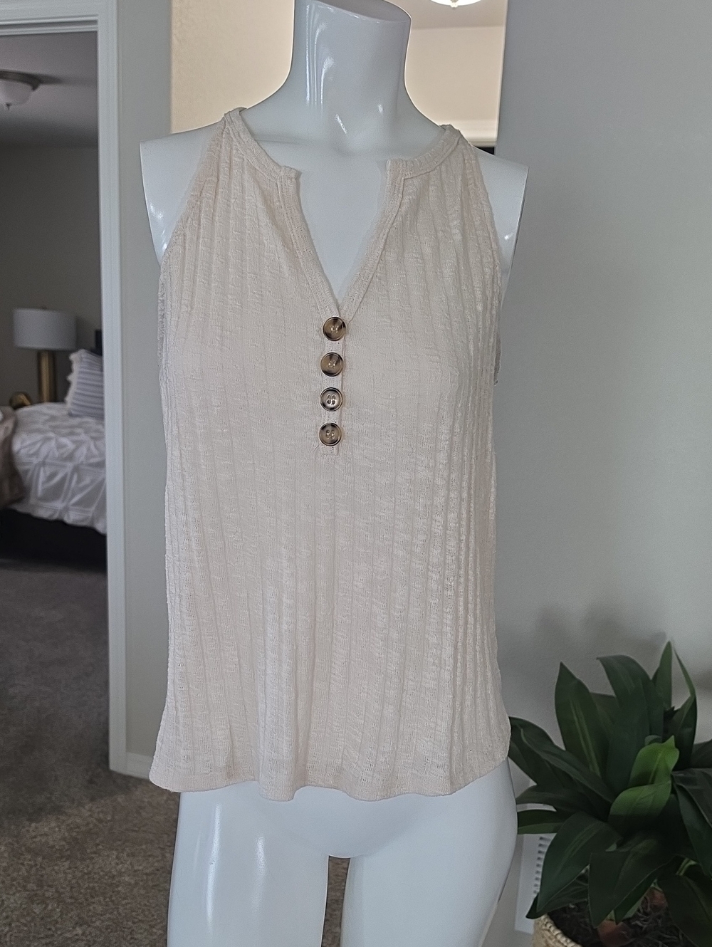 Maurices Cream Ribbed Henley Tank with Wood-Look Buttons